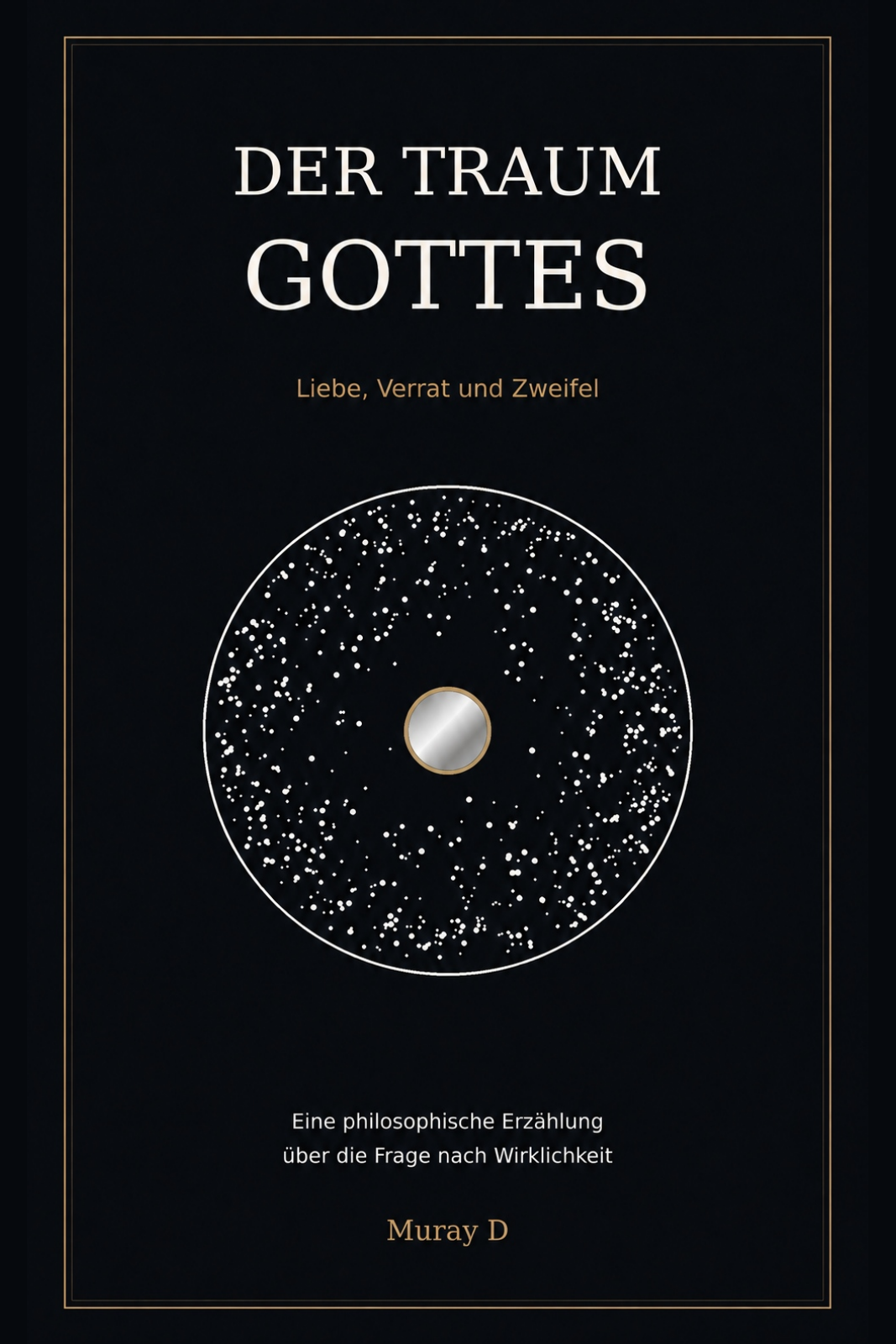 Buchcover Der Traum Gottes – Liebe, Verrat und Zweifel von Muray D. Schwarzer Grund, goldener Rahmen und ein kleiner Spiegel im Kreis von Lichtpunkten.